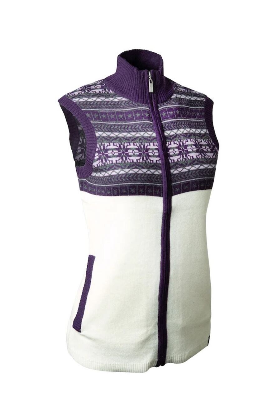 Neve Luna Sweater Vest Zip Up Turtleneck Traditional Yoke Print Wool Purple L